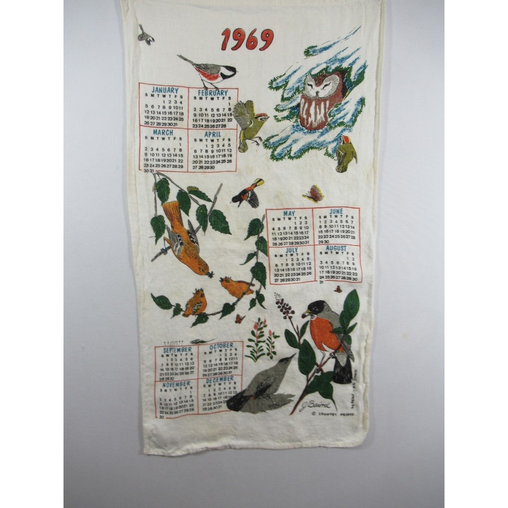 Vintage 1969 Calendar Linen Tea Towel Hand Printed Birds J Baird Country Prints